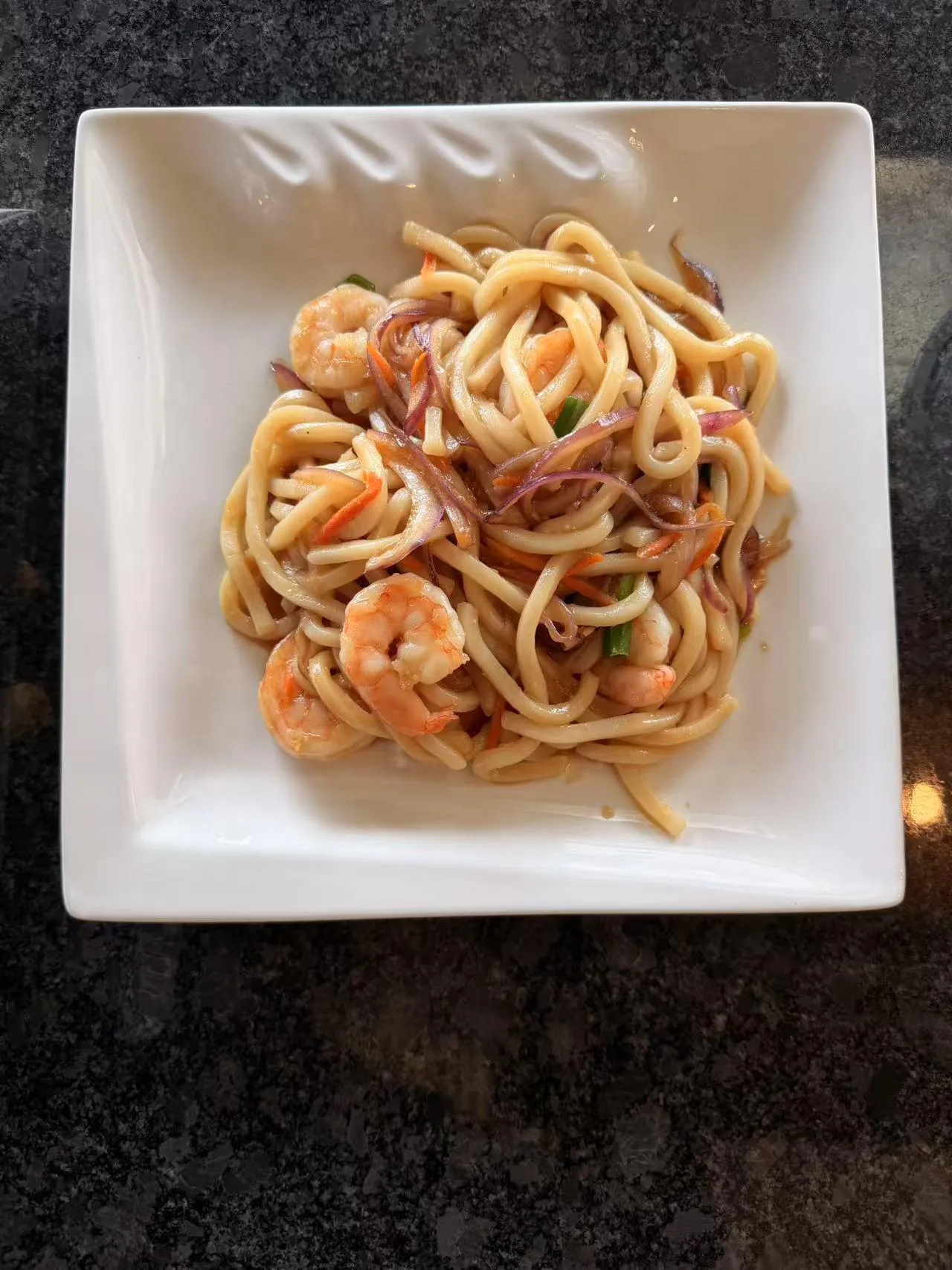 Shrimp udon noodles with vegetables at Bobo Noodles And Dumplings, a Chinese Restaurant in Omaha