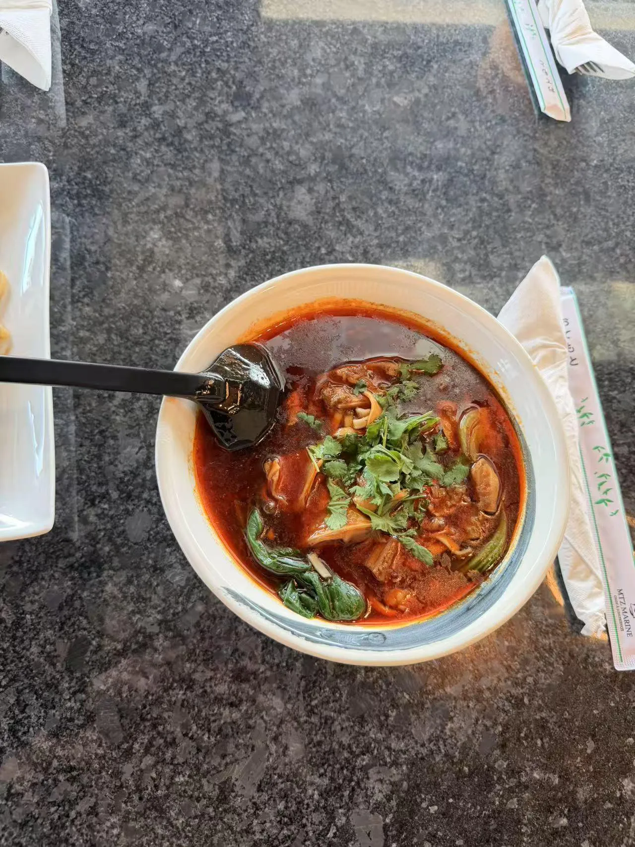 Spicy beef noodle soup with cilantro at Bobo Noodles And Dumplings, a Chinese Restaurant in Omaha